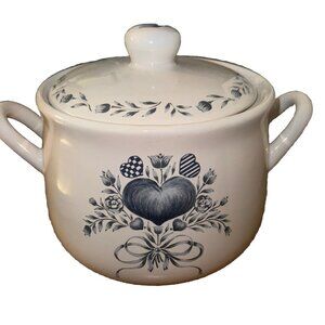 Jay Imports Stoneware Pottery Soup Crock Canister w/ Handles Blue Heart